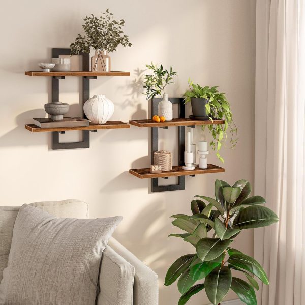 HOOBRO Floating Shelves for Wall, 15" Wall Shelf Set of 2, Wall Mounted Storage Shelves 2-Tier, Hanging Bathroom Shelves, for Living Room, Bedroom, Bathroom, Kitchen, Rustic Brown and Black BF32BJ01G1