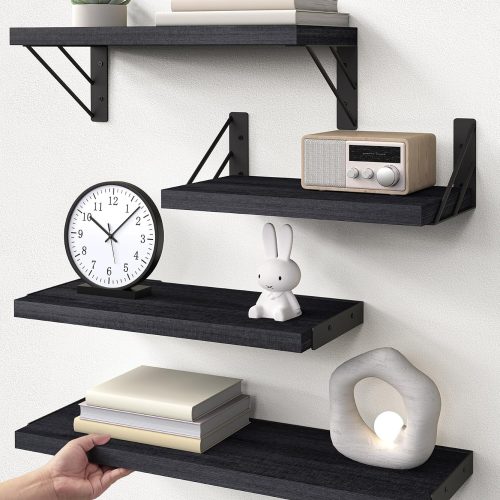 BAYKA Wall Mounted Floating Shelves, Wood Floating Wall Shelf for Books & Decor, Small Space-Saving Display & Organizer（Black，Set of 4）