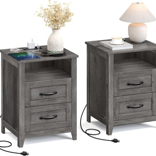 VASAGLE Set of 2 Nightstands with 2 Drawers and Charging Station