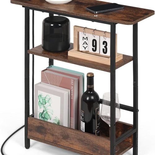 Narrow End Table with USB-C Charging Station, 3-Tier Slim Side Table