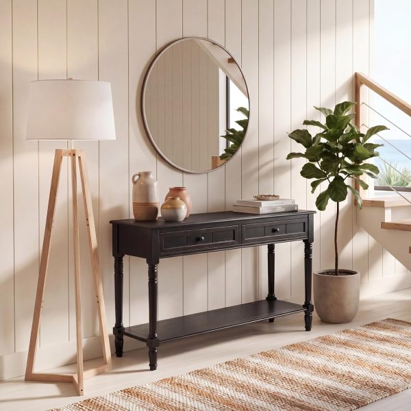 SAFAVIEH Furniture - Samantha 2-Drawer Console Table - Distressed Black - Solid Wood - Classic Storage Design - Ideal for Entryway, Living Room, Hallway, 35.8"W x 13.8"D x 29.5"H (AMH5710B)