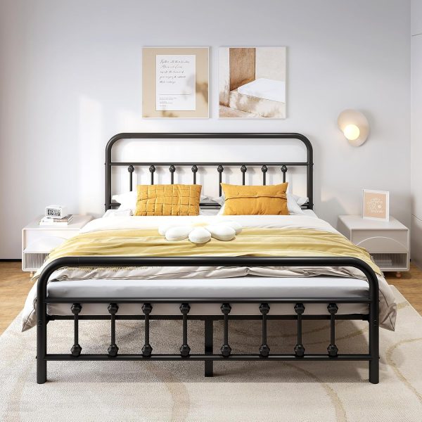CT0425818JS_1 Vengarus Full Metal Bed Frame with Victorian Headboard & Footboard, Black | 14" Full Metal Platform Frame, Heavy Duty Steel Slat Support, Noise Free, No Box Spring Needed, Easy Disassembly & Transport