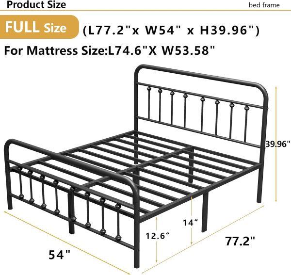 CT0425818JS_2 Vengarus Full Metal Bed Frame with Victorian Headboard & Footboard, Black | 14" Full Metal Platform Frame, Heavy Duty Steel Slat Support, Noise Free, No Box Spring Needed, Easy Disassembly & Transport