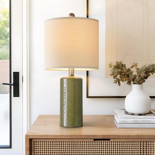 20.25" Small Single Table Lamp for Bedroom Modern Ceramic Nightstand Lamp | Farmhouse Bedside Lamp Boho Living Room End Side Table Lamp, Sage Green, Mid Century Modern Nursery Lamps for Night Stands