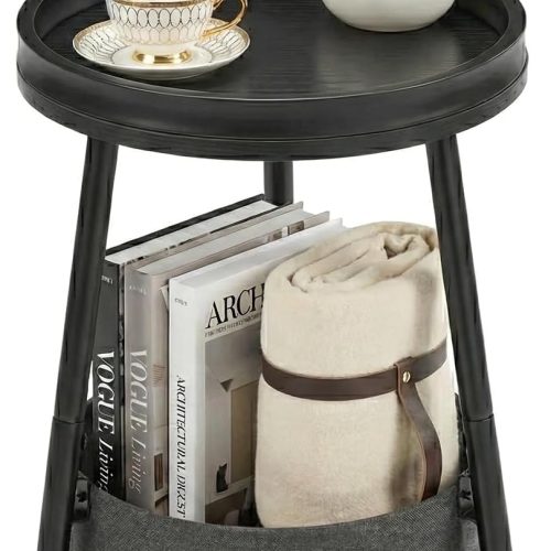 LEMONDA Small Round End Table, 2 Tier Round Side Table with Storage Basket,11.8”D*17.8”H Accent Table,Sofa Side Table, Nightstand for Living Room Bedroom (Black)