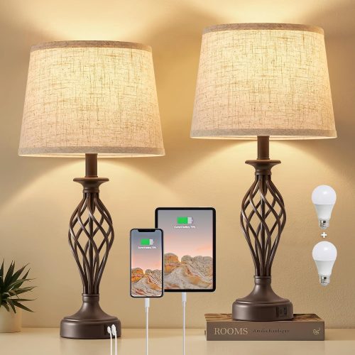 CT0426091JS_1 Table Lamp for Bedroom Set of 2 with USB C+A Ports - Modern Brown Bedside Lamps with Spiral Cage Base Fabric Shade - Nightstand Lamp for Living Room Reading Bed Side End Table 2 LED Bulbs Included