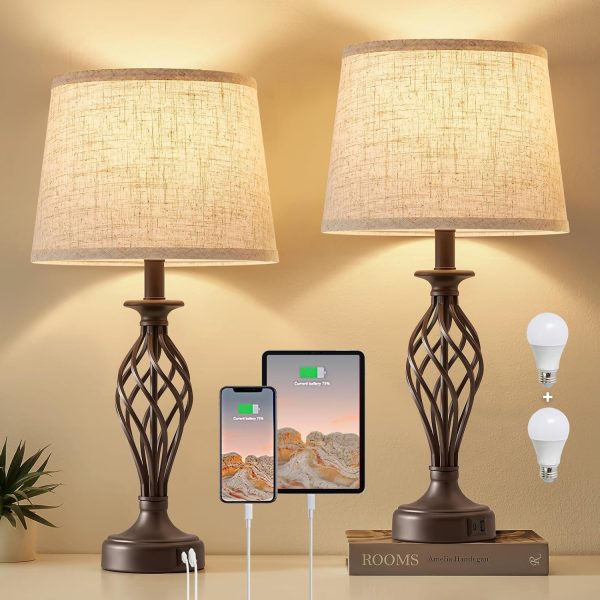 CT0426091JS_1 Table Lamp for Bedroom Set of 2 with USB C+A Ports - Modern Brown Bedside Lamps with Spiral Cage Base Fabric Shade - Nightstand Lamp for Living Room Reading Bed Side End Table 2 LED Bulbs Included