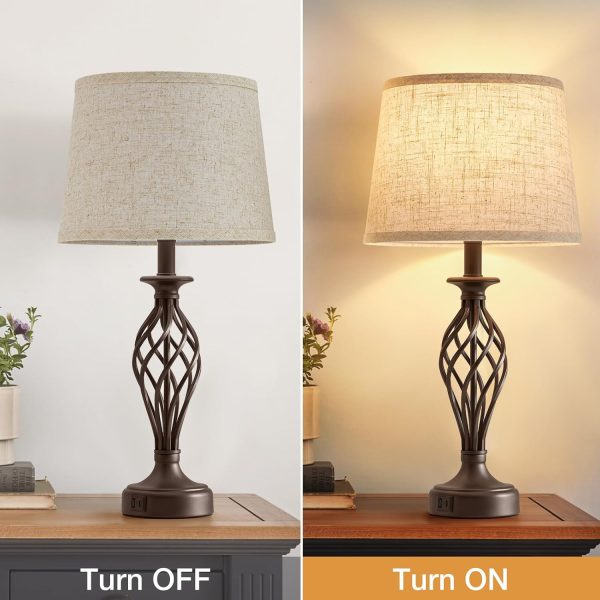 CT0426091JS_2 Table Lamp for Bedroom Set of 2 with USB C+A Ports - Modern Brown Bedside Lamps with Spiral Cage Base Fabric Shade - Nightstand Lamp for Living Room Reading Bed Side End Table 2 LED Bulbs Included