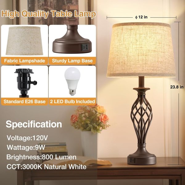 CT0426091JS_3 Table Lamp for Bedroom Set of 2 with USB C+A Ports - Modern Brown Bedside Lamps with Spiral Cage Base Fabric Shade - Nightstand Lamp for Living Room Reading Bed Side End Table 2 LED Bulbs Included
