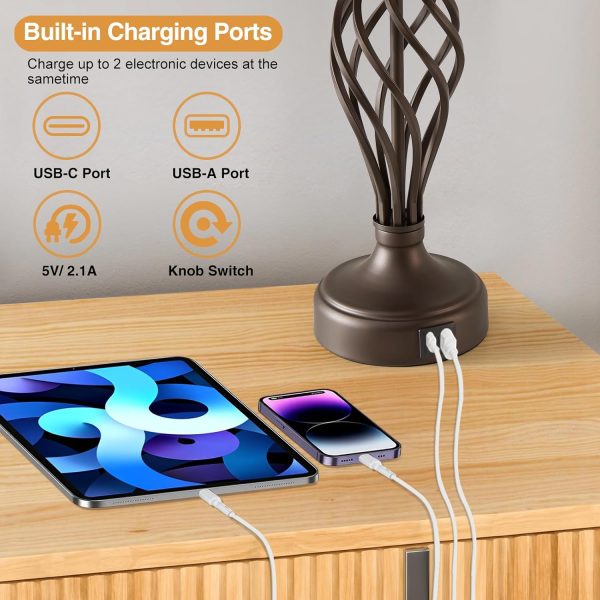 CT0426091JS_4 Table Lamp for Bedroom Set of 2 with USB C+A Ports - Modern Brown Bedside Lamps with Spiral Cage Base Fabric Shade - Nightstand Lamp for Living Room Reading Bed Side End Table 2 LED Bulbs Included