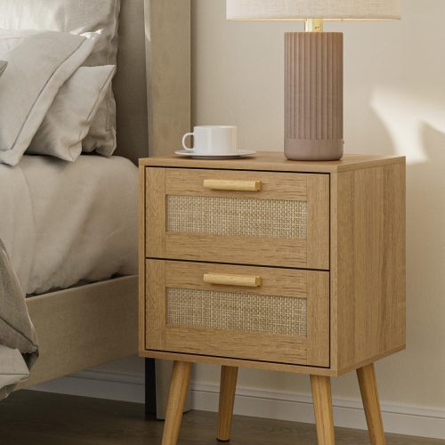 CT0426095JS_1 Masupu Rattan Night Stand,Modern nightstand Boho Bedside Table with 2 Drawer,Small End Side Table for Bedroom,Living Room,Office,Natural