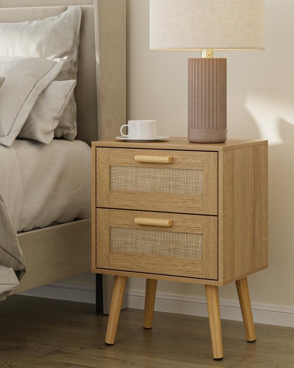 Masupu Rattan Night Stand,Modern nightstand Boho Bedside Table with 2 Drawer,Small End Side Table for Bedroom,Living Room,Office,Natural