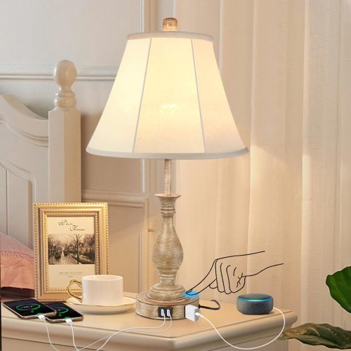 CT0426140JS_1 LALISU Farmhouse Table Lamp Touch Control 3-Way Dimmable Table Lamp, Modern Nightstand Lamp with 2 USB Port Bedside Desk Lamp with Fabric Shade for Living Room Bedroom Hotel (Pack 1-Beige Shade)