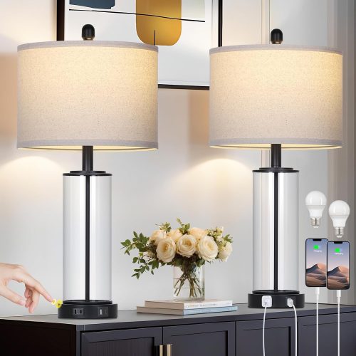 26" Black Glass Table Lamps Set of 2, 3-Way Dimmable Touch Control Living Room Lamp with USB C+A Ports & AC Outlet, Modern Bedside Lamps, Elegant Bedroom Lamps for Nightstand Side End Table Desk