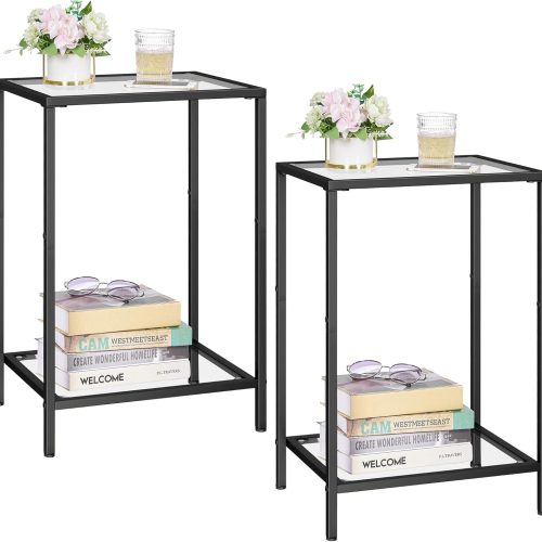 HOMSHO Side Tables Set of 2 with Tempered Glass, Slim End Tables