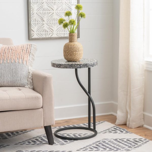 Linon Dabelle Black Capiz Round Side Table with Black Metal Base