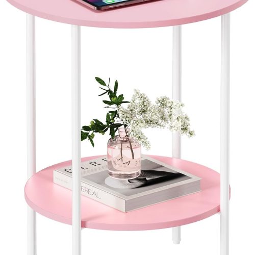Side Table,Round End Table with 2 Storage Shelves| Compact Side Tables for Living Room, Couch, Gym, Office & Bedroom | Narrow Accent Table as Space-Saving Small Bedside Table 18x18x22in(Pink)