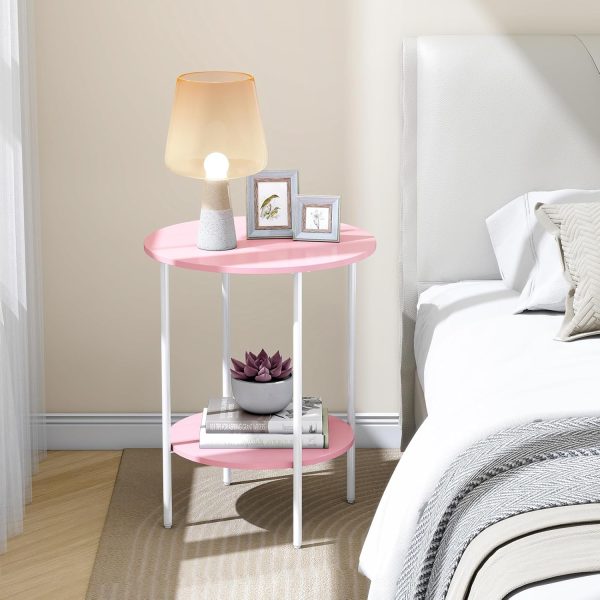 Side Table,Round End Table with 2 Storage Shelves| Compact Side Tables for Living Room, Couch, Gym, Office & Bedroom | Narrow Accent Table as Space-Saving Small Bedside Table 18x18x22in(Pink)
