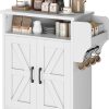 YATINEY Coffee Bar Cabinet, Kitchen Island with Storage, Farmhouse Sideboard Buffet Cabinet with Dual-Purpose Floating Shelf and Hooks, for Kitchen, Restaurant, Living Room, White KF22WT