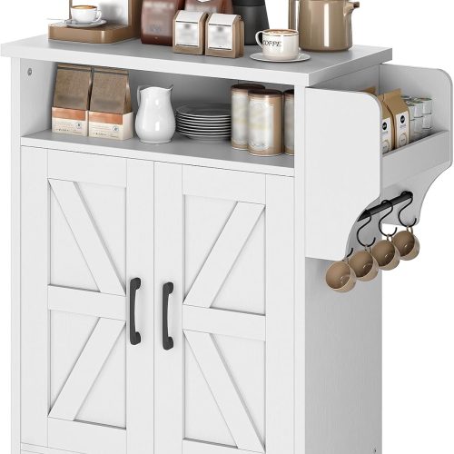 YATINEY Coffee Bar Cabinet, Kitchen Island with Storage, Farmhouse Sideboard Buffet Cabinet with Dual-Purpose Floating Shelf and Hooks, for Kitchen, Restaurant, Living Room, White KF22WT