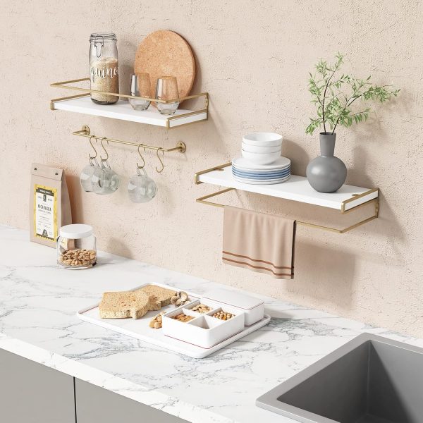 CT0426660JS_2 Forbena Floating Bathroom Shelves Wall Mounted, Aesthetic White and Gold Shelves for Bathroom Accessories, Modern Bathroom Organizer with Tower Bar for Wall Decor Storage Small Spaces, Set of 2