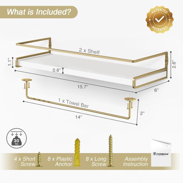 CT0426660JS_3 Forbena Floating Bathroom Shelves Wall Mounted, Aesthetic White and Gold Shelves for Bathroom Accessories, Modern Bathroom Organizer with Tower Bar for Wall Decor Storage Small Spaces, Set of 2