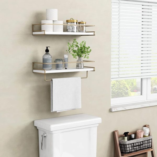 CT0426660JS_4 Forbena Floating Bathroom Shelves Wall Mounted, Aesthetic White and Gold Shelves for Bathroom Accessories, Modern Bathroom Organizer with Tower Bar for Wall Decor Storage Small Spaces, Set of 2