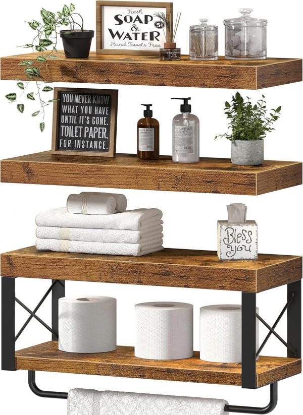 CT0426684JS_1 QEEIG Bathroom Shelves Over Toilet - Floating Shelf for Wall Toilet Paper Storage Farmhouse 16 inch Set of 3, Rustic Brown (029-40BN3)