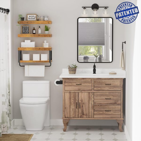 CT0426684JS_2 QEEIG Bathroom Shelves Over Toilet - Floating Shelf for Wall Toilet Paper Storage Farmhouse 16 inch Set of 3, Rustic Brown (029-40BN3)