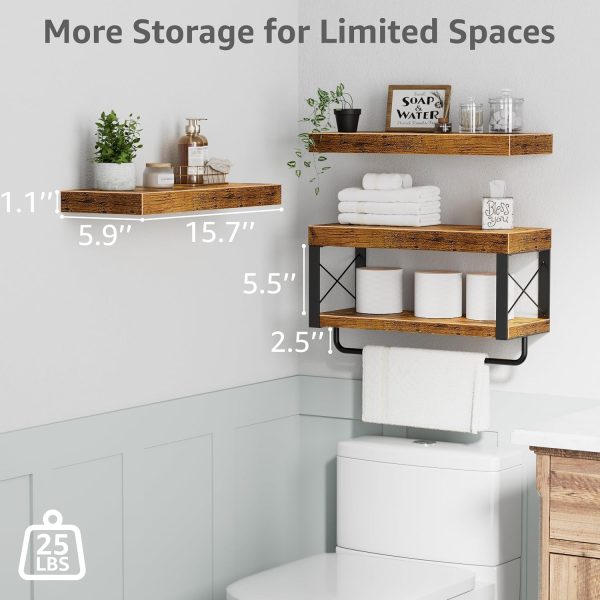 CT0426684JS_3 QEEIG Bathroom Shelves Over Toilet - Floating Shelf for Wall Toilet Paper Storage Farmhouse 16 inch Set of 3, Rustic Brown (029-40BN3)