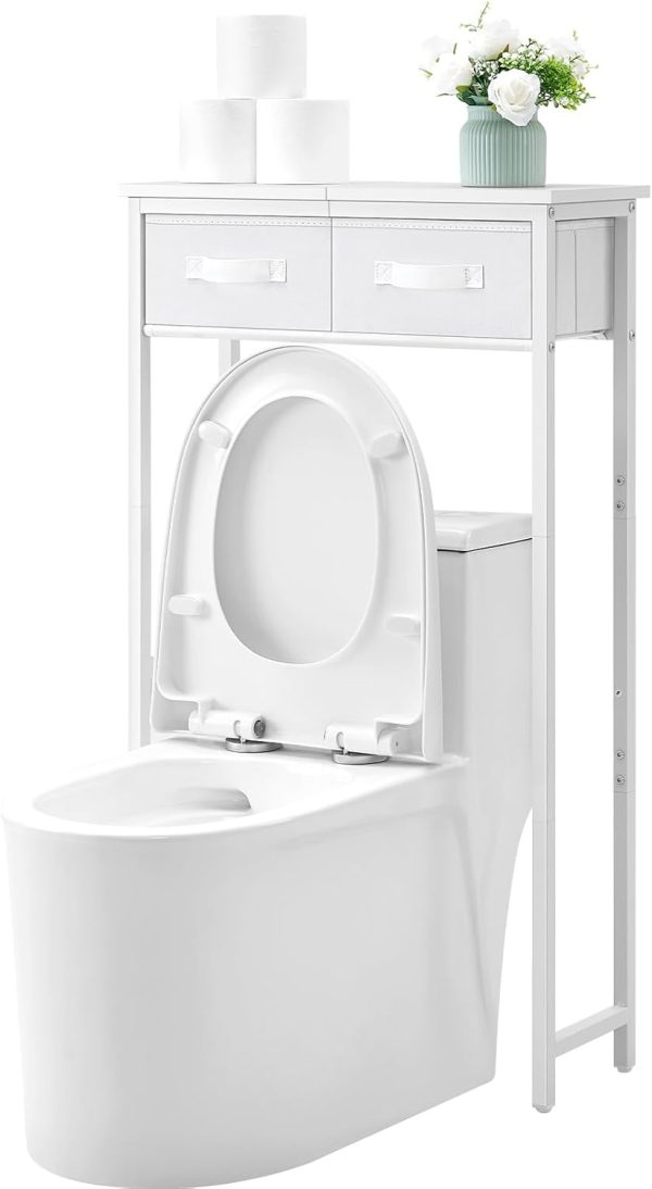 CT0426717JS_1 MOHOPE 2-Tier Over The Toilet Storage with 2 Fabric Drawers, Freestanding Above The Toilet Storage Cabinet, Space Saver Metal Over Toilet Bathroom Organizer Shelf for Small Space, White