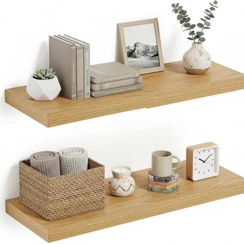 CT0426773JS_1 Vivelove Deep Floating Shelves for Wall 24 inches Long Set of 2, Oak | Easy Install With Hardware, Invisible Brackets, Wall Mounted, For Bathroom Bedroom Living Room Kitchen