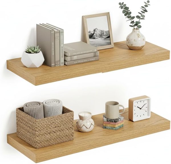 CT0426773JS_1 Vivelove Deep Floating Shelves for Wall 24 inches Long Set of 2, Oak | Easy Install With Hardware, Invisible Brackets, Wall Mounted, For Bathroom Bedroom Living Room Kitchen