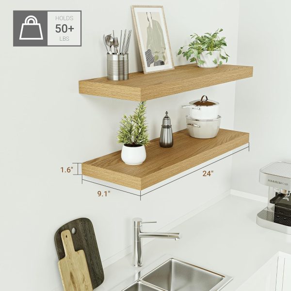 CT0426773JS_3 Vivelove Deep Floating Shelves for Wall 24 inches Long Set of 2, Oak | Easy Install With Hardware, Invisible Brackets, Wall Mounted, For Bathroom Bedroom Living Room Kitchen