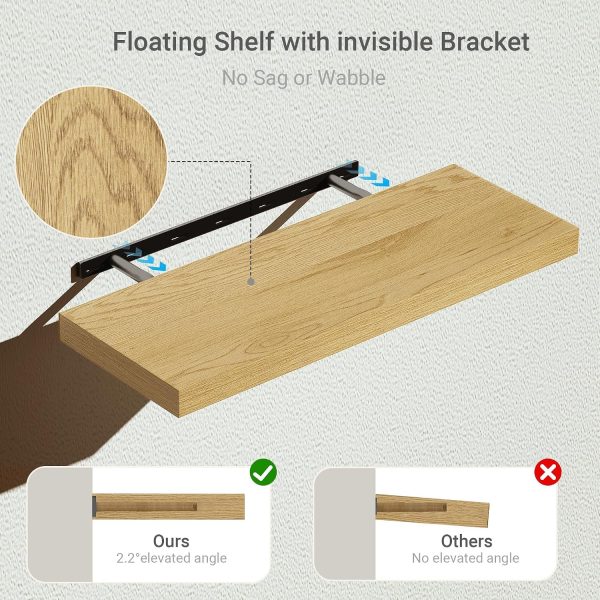 CT0426773JS_4 Vivelove Deep Floating Shelves for Wall 24 inches Long Set of 2, Oak | Easy Install With Hardware, Invisible Brackets, Wall Mounted, For Bathroom Bedroom Living Room Kitchen