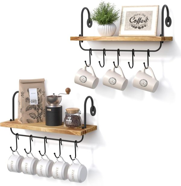 CT0426795JS_1 Olakee Floating Wall Shelves for Kitchen Bathroom Coffee Nook with 10 Adjustable Hooks for Coffee Mugs, Coffee Bar Organizer and Decor, Rustic Storage Shelves Set of 2