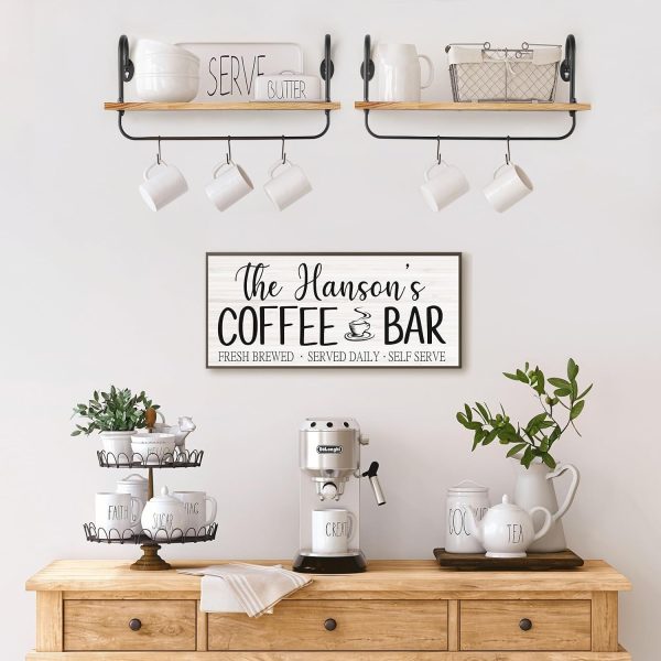 CT0426795JS_2 Olakee Floating Wall Shelves for Kitchen Bathroom Coffee Nook with 10 Adjustable Hooks for Coffee Mugs, Coffee Bar Organizer and Decor, Rustic Storage Shelves Set of 2