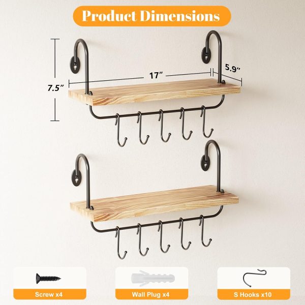 CT0426795JS_3 Olakee Floating Wall Shelves for Kitchen Bathroom Coffee Nook with 10 Adjustable Hooks for Coffee Mugs, Coffee Bar Organizer and Decor, Rustic Storage Shelves Set of 2