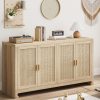 CT0426859JS_1 GarveeHome 60 in Farmhouse Rattan Buffet Cabinet - 4-Door Woven Storage Sideboard with Adjustable Shelves, Kitchen Console Table for Dining Room & Living Room Entryway (Oak Brown)