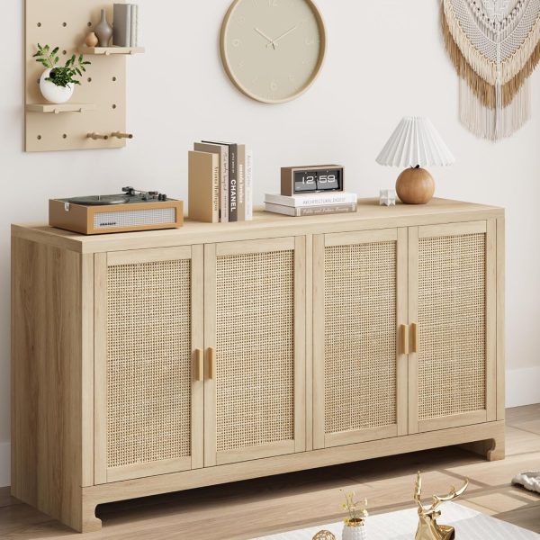 CT0426859JS_1 GarveeHome 60 in Farmhouse Rattan Buffet Cabinet - 4-Door Woven Storage Sideboard with Adjustable Shelves, Kitchen Console Table for Dining Room & Living Room Entryway (Oak Brown)