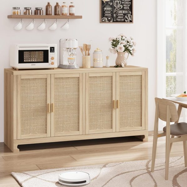 CT0426859JS_2 GarveeHome 60 in Farmhouse Rattan Buffet Cabinet - 4-Door Woven Storage Sideboard with Adjustable Shelves, Kitchen Console Table for Dining Room & Living Room Entryway (Oak Brown)
