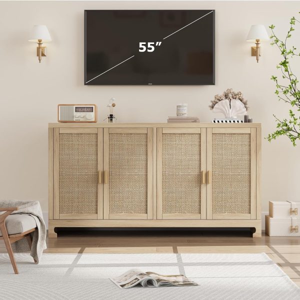 CT0426859JS_3 GarveeHome 60 in Farmhouse Rattan Buffet Cabinet - 4-Door Woven Storage Sideboard with Adjustable Shelves, Kitchen Console Table for Dining Room & Living Room Entryway (Oak Brown)