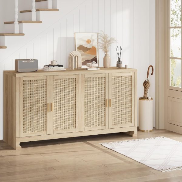 CT0426859JS_4 GarveeHome 60 in Farmhouse Rattan Buffet Cabinet - 4-Door Woven Storage Sideboard with Adjustable Shelves, Kitchen Console Table for Dining Room & Living Room Entryway (Oak Brown)