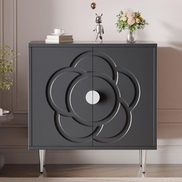 Storage Cabinet, Modern Cabinet with Decorative Flower Pattern Doors, Accent Sideboard Buffet Cabinet for Hallway, Living Room, Kitchen (1, Grey)
