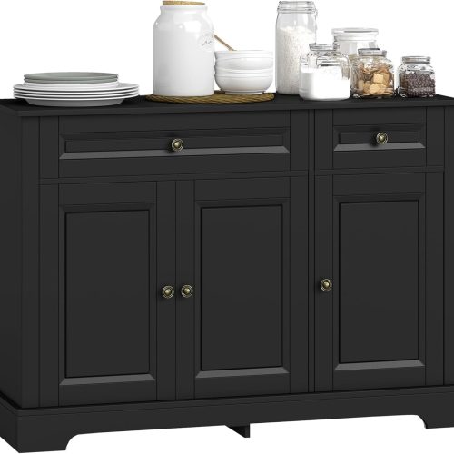 HOMCOM Sideboard Buffet Cabinet with Storage, 2 Drawers, for Kitchen, Black | Modern Buffet Cabinet, Coffee Bar Station, Adjustable Shelves, Entryway