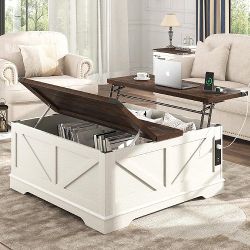 CT0427301JS_1 Hlivelood 40” Large Farmhouse Lift Top Coffee Table with Power Outlets and Large Hidden Storage, Square Wood Living Room Tables, Multi-Function Lift Wooden Barn Door Center Table, Rustic White