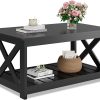 WLIVE Farmhouse Coffee Table for Living Room, 40.1" Rustic Center Table with X-Frame Support & Storage Shelf, 2-Tier Wood Coffee Tables for Bedroom & Balcony, Charcoal Black