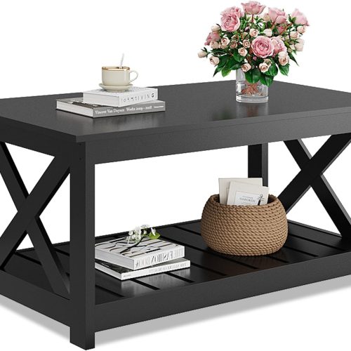 CT0427428JS_1 WLIVE Farmhouse Coffee Table for Living Room, 40.1" Rustic Center Table with X-Frame Support & Storage Shelf, 2-Tier Wood Coffee Tables for Bedroom & Balcony, Charcoal Black