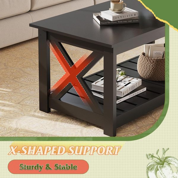 WLIVE Farmhouse Coffee Table for Living Room, 40.1" Rustic Center Table with X-Frame Support & Storage Shelf, 2-Tier Wood Coffee Tables for Bedroom & Balcony, Charcoal Black