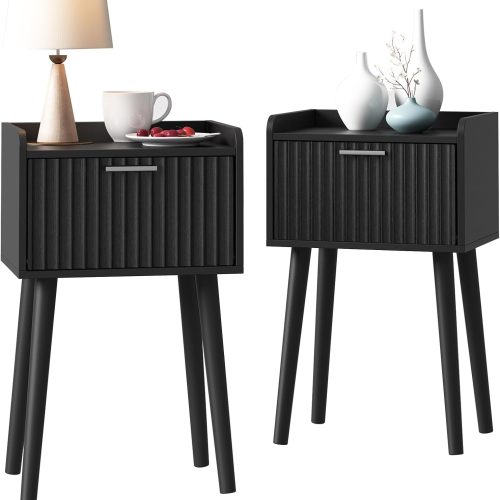 LAATOOREE Nightstand Set of 2, Small Bed Side Table with Fluted Door, End Table with Solid Wood Legs, Mid-Century Bedside Table for Bedroom Small Space